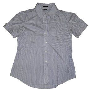 Theory Striped Short Sleeve Button-Down Shirt Women's Size M Blue/White Cotton